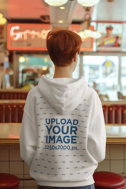 Back-View Hoodie Mockup of an AI-Generated Man Standing in a Bar