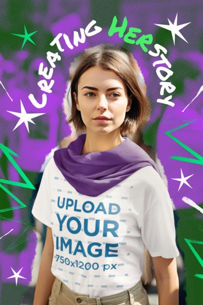 T-Shirt Mockup Featuring an AI-Created Woman Surrounded by Feminist Graphics 7205