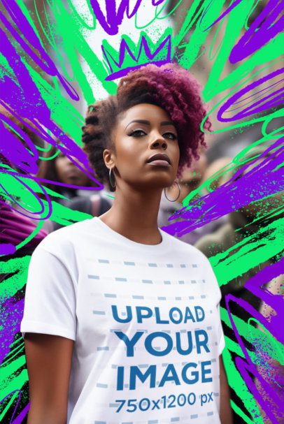 T-Shirt Mockup of an AI-Generated Woman Posing With a Tough Look Featuring Graffiti Graphics 7207-m37340