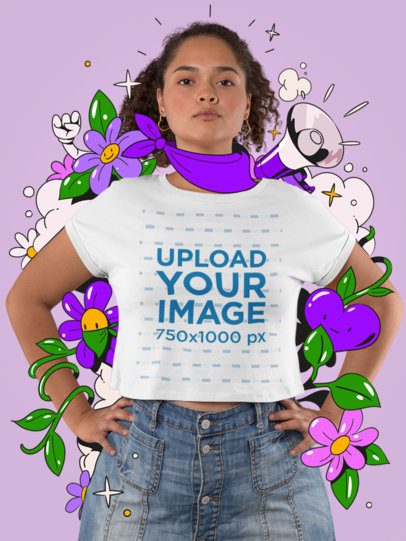 Round-Neck Crop Top Mockup of a Strong Woman Standing Against Feminist Illustrations 7207-31981
