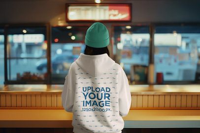 Back-View Hoodie Mockup Featuring an AI-Created Woman Waiting in a Restaurant