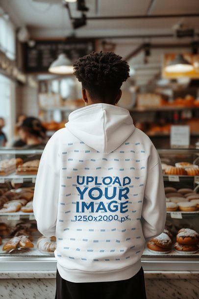 Back-View Pullover Hoodie Mockup Featuring an AI-Created Man Standing in a Bakery Shop