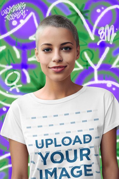 T-Shirt Mockup Featuring an AI-Created Woman Posing Against a Graffiti Feminist Background 7206-2