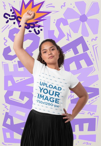 T-Shirt Mockup Featuring a Woman Raising Her Fist Against a Feminist-Themed Background 7204