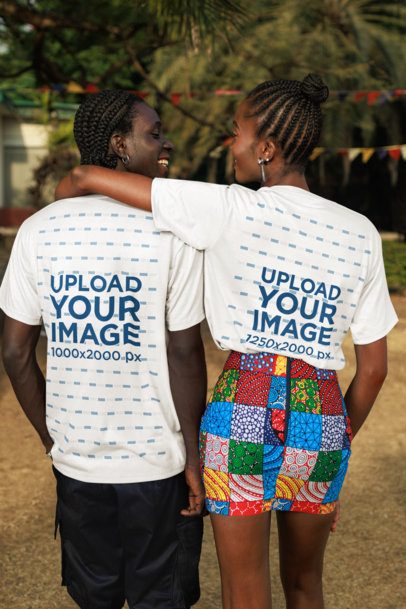 Back-View T-Shirt Mockup Featuring a Happy Woman Hugging a Man