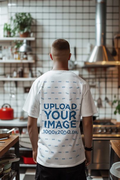Back-View T-Shirt Mockup Featuring an AI-Created Man Standing in Front of a Kitchen