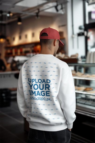 Back-View Sweatshirt Mockup Featuring an AI-Created Man Standing in a Pastry