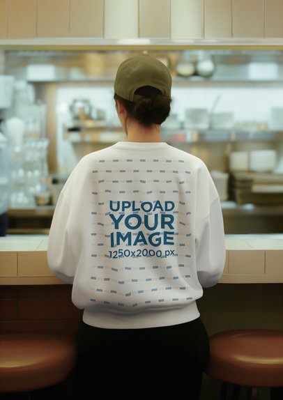 Back-View Sweatshirt Mockup Featuring an AI-Created Woman Waiting in a Restaurant