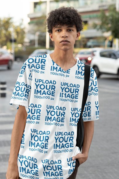 Baseball Jersey Mockup of a Man With a Serious Look Standing on the Street m54457
