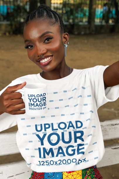 T-Shirt Mockup of a Happy Woman Taking a Selfie While Holding a Coffee Mug