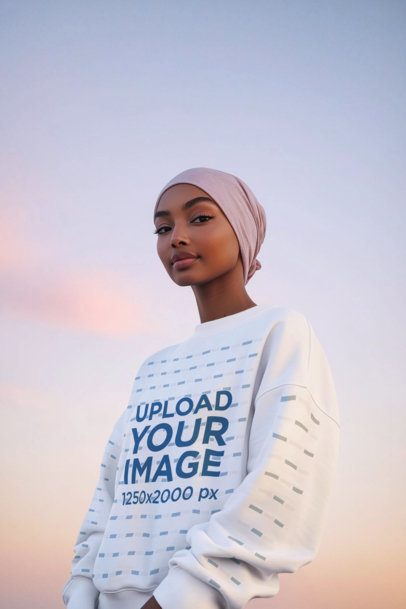 Sweatshirt Mockup of an AI-Generated Woman Posing Against a Pretty Sky