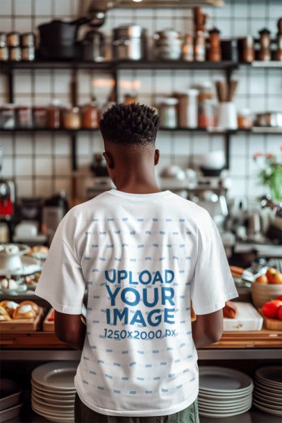 Back-View T-Shirt Mockup of an AI-Generated Man Working in a Kitchen