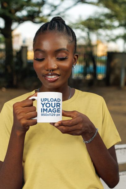 Coffee Mug Mockup Featuring a Smiling Woman With a Piercing on Her Nose m54132