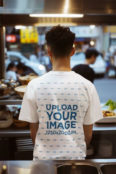 Back-View Mockup Featuring an AI-Created Man Wearing a T-Shirt in a Fast Food Restaurant