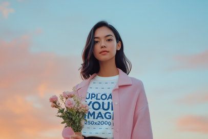 T-Shirt Mockup of an AI-Generated Woman With Flowers Posing Against the Sky