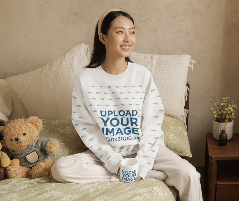 Sweatshirt Mockup of a Happy Woman Sitting on a Cozy Bed With a Coffee Mug