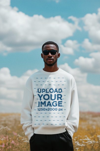 Sweatshirt Mockup Featuring an AI-Created Serious Man Posing Against the Sky Outdoors