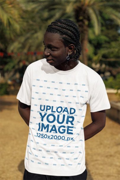 Round-Neck T-Shirt Mockup Featuring a Man With a Cornrow Braid Hairstyle