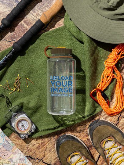 Mockup of a Nalgene Water Bottle Lying on a Surface With Travel Stuff m55034