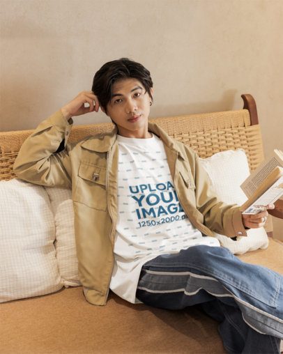 Oversized T-Shirt Mockup Featuring a Serious Man Reading in a Cozy Couch