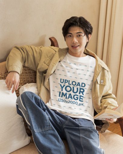 Oversized T-Shirt Mockup of a Smiling Man Sitting in a Cozy Couch With an Open Book