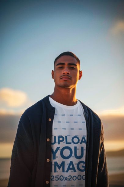 T-Shirt Mockup of an AI-Generated Man Posing Against a Sky With a Serious Look