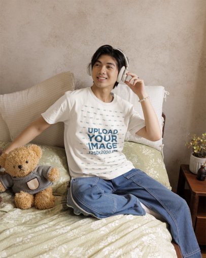 Round-Neck T-Shirt Mockup Featuring a Cheerful Man With Headphones Sitting in a Cozy Bed