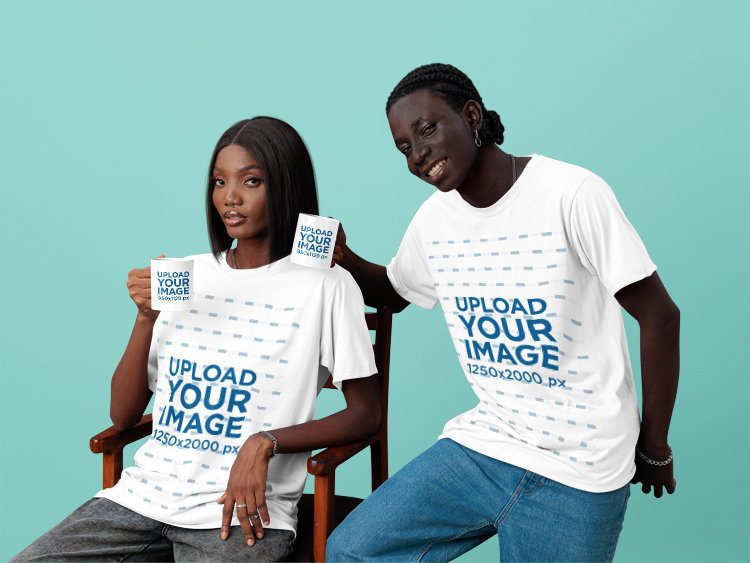 T-Shirt Mockup of a Serious Woman and a Happy Man Posing With Coffee Mugs in a Studio