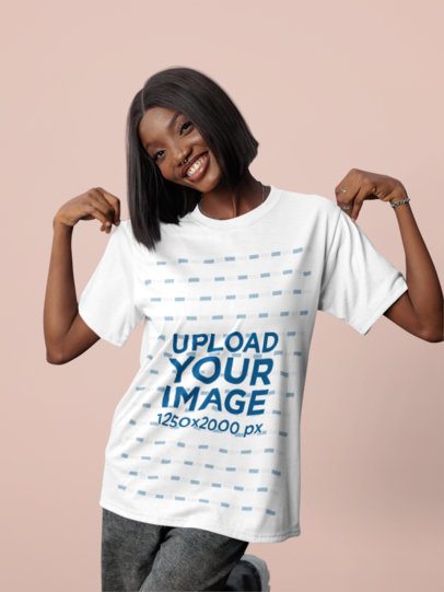 T-Shirt Mockup of a Cheerful Woman Standing Against a Colorful Background