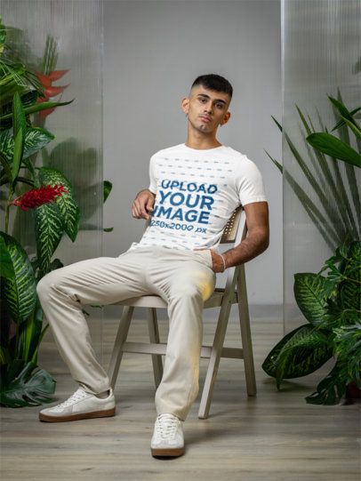 Bella Canvas T-Shirt Mockup Featuring a Man Sitting on a Chair in a Secret Garden-Inspired Setting m54657