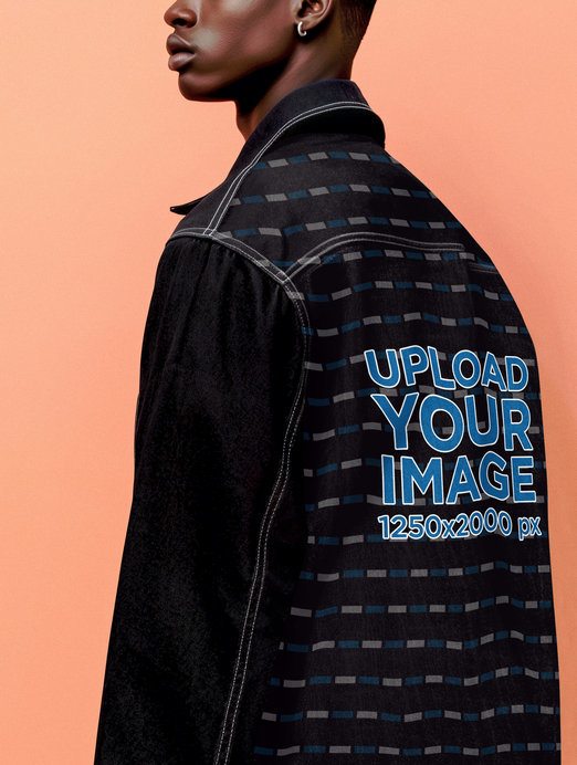 Back-View Mockup of an AI-Generated Cropped-Face  Man Wearing a Denim Jacket in a Studio