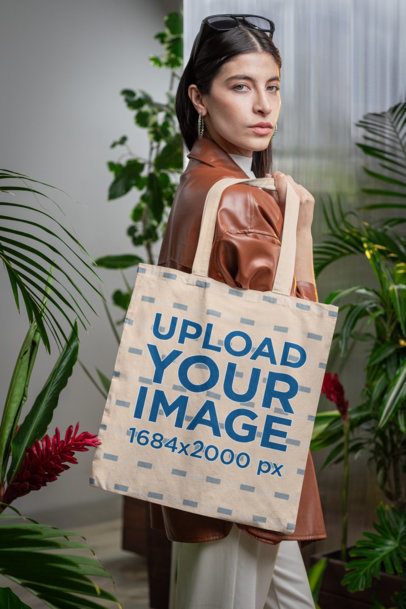 Tote Bag Mockup Featuring a Stylish Woman Posing in a Secret Garden-Inspired Setting m54648