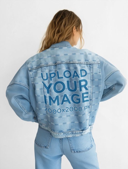 Denim Jacket Mockup Featuring the Back-View of an AI-Created Woman in a Studio
