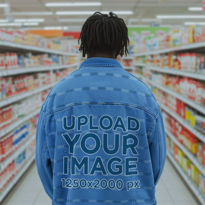 Denim Jacket Mockup of the Back-View of an AI-Generated Man in a Grocery Store