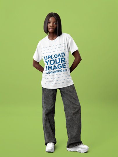Round-Neck Tee Mockup of a Woman With a Serious Pose in a Studio