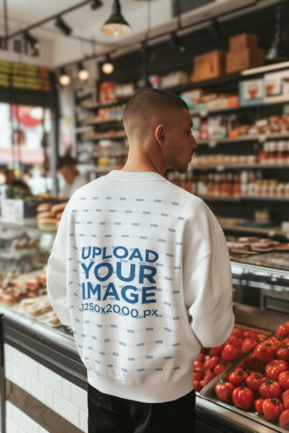 Back-View Sweatshirt Mockup Featuring an AI-Created Man Walking in a Grocery Store m51353