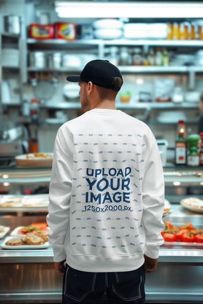 Back-View Sweatshirt Mockup of an AI-Generated Man Standing in a Buffet m51352
