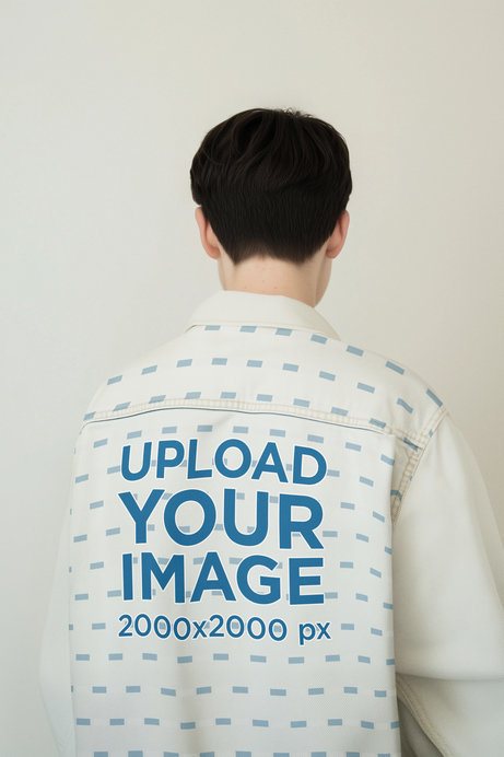 Denim Jacket Mockup Featuring an AI-Created Man Posing Backwards in a Studio