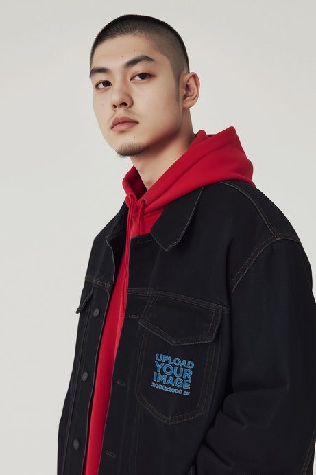 Denim Jacket Mockup Featuring an AI-Created Serious Man Standing in a Studio