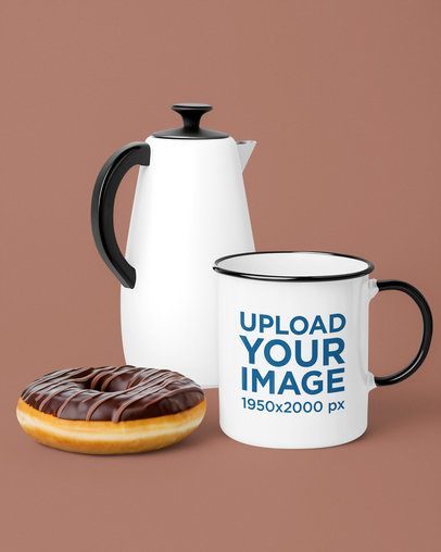 Mockup of an AI-Generated Enamel Mug With a Chocolate Donut and a Kettle m54792