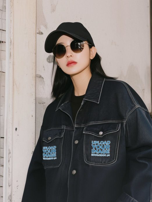 Embroidered Denim Jacket Mockup of an AI-Generated Woman Wearing Sunglasses