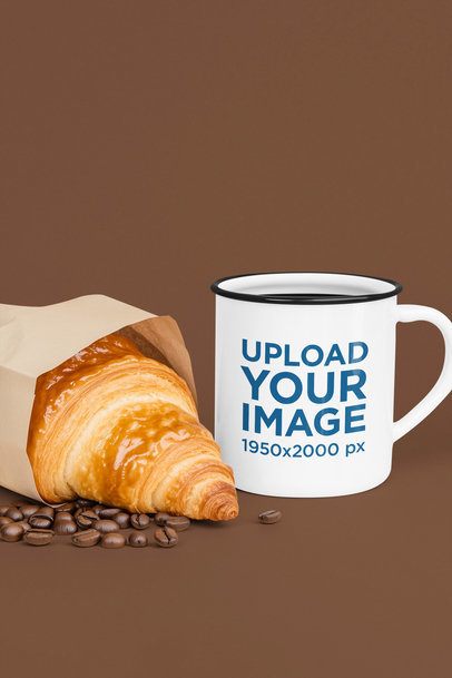 AI-Created Mockup Featuring an Enamel Mug With a Croissant m54793