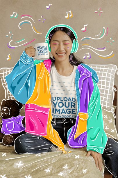 T-Shirt Mockup of a Cheerful Woman Holding a Coffee Mug and Wearing an Illustrated Jacket