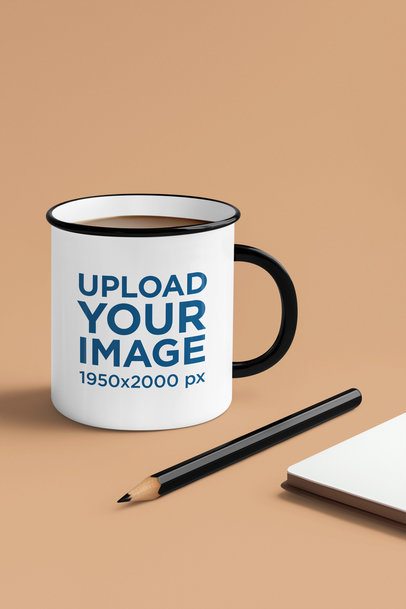 Mockup of an AI-Generated Enamel Mug Filled With Coffee Placed on a Colorful Surface