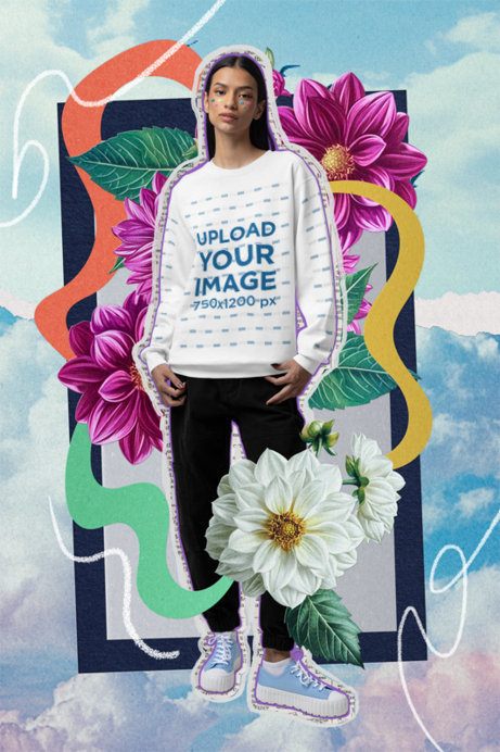 Collage-Inspired Mockup of a Woman Wearing a Sweatshirt With Customizable Sleeves