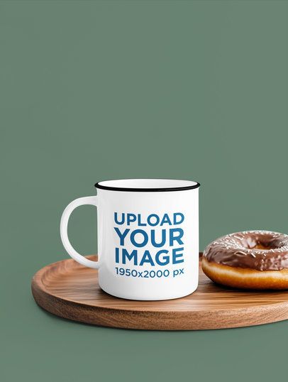 Mockup of an AI-Generated Enamel Mug Placed on a Wooden Base With a Donut m54814