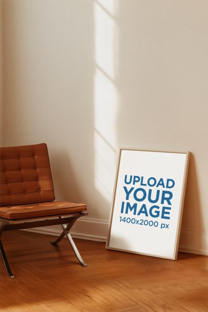 Mockup of an AI-Generated Art Print Placed on a Wooden Floor Next to a Chair m54839