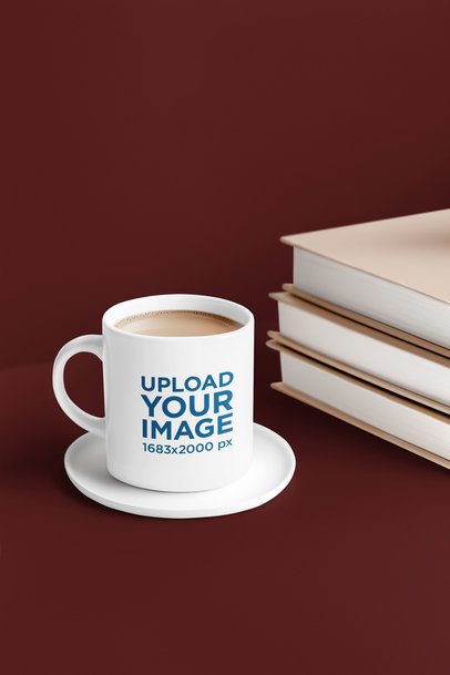 Mockup of an AI-Generated Mug Filled With Coffee Placed Next to a Pile of Books