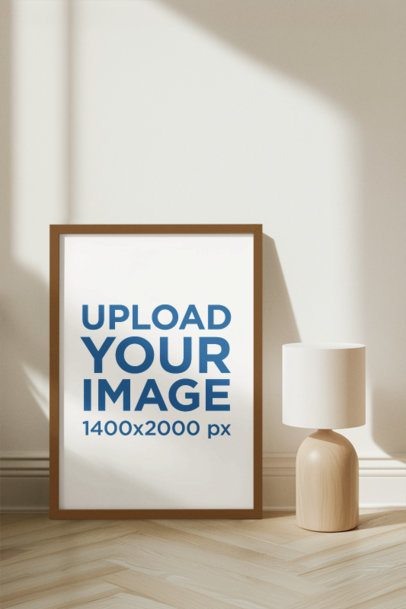 AI-Created Mockup Featuring an Art Print Placed on a Wooden Floor With a Lamp m54841