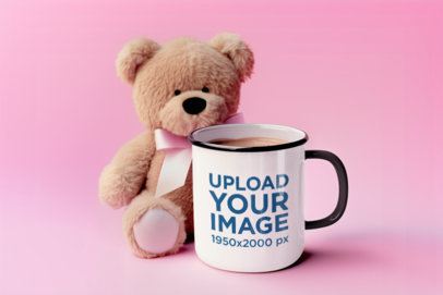 Mockup of an AI-Generated Enamel Mug With Coffee Placed Near a Teddy Bear m54804